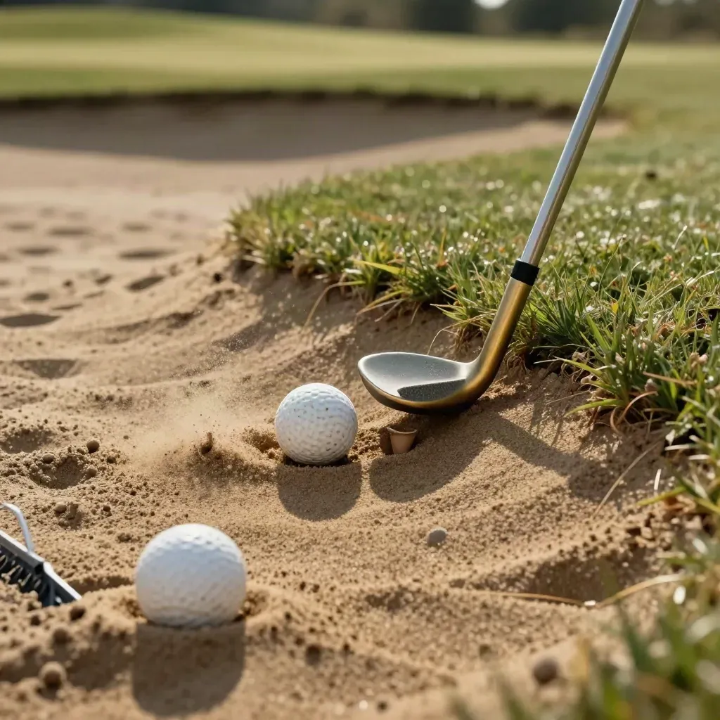 Bunker edge with two golf balls, wedge and practice cup, one ball stopped by the hole.