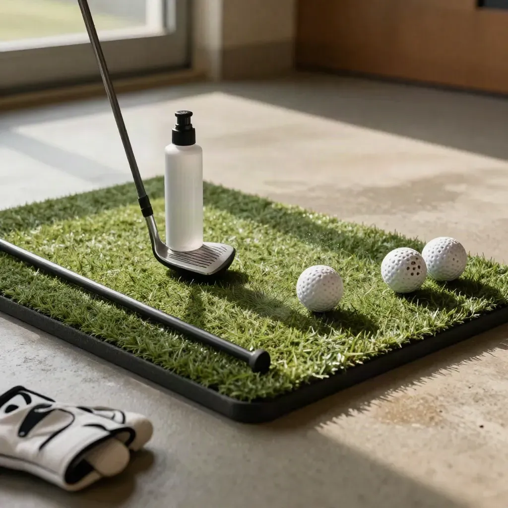 Practice tee mat with spray-marked clubface, split balls, alignment rod and a rolling strike on turf.