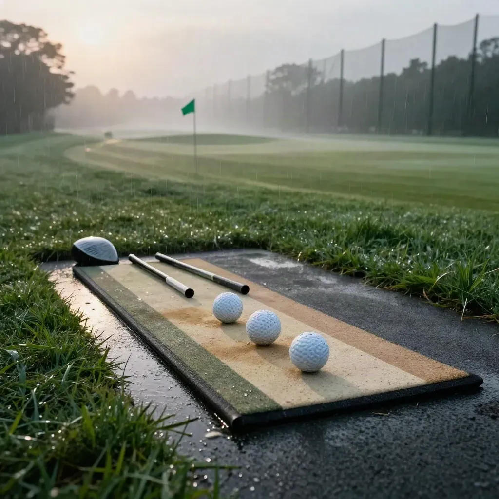 Rain-slicked golf range bay at dawn with balls, alignment sticks, mat, driver head and mist.