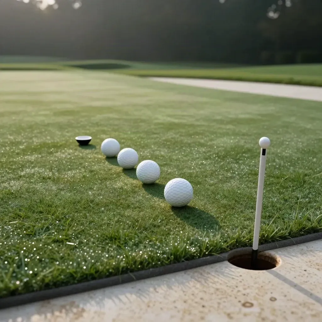 Three putt balls near a cup and putting gate on a dew-fresh practice green