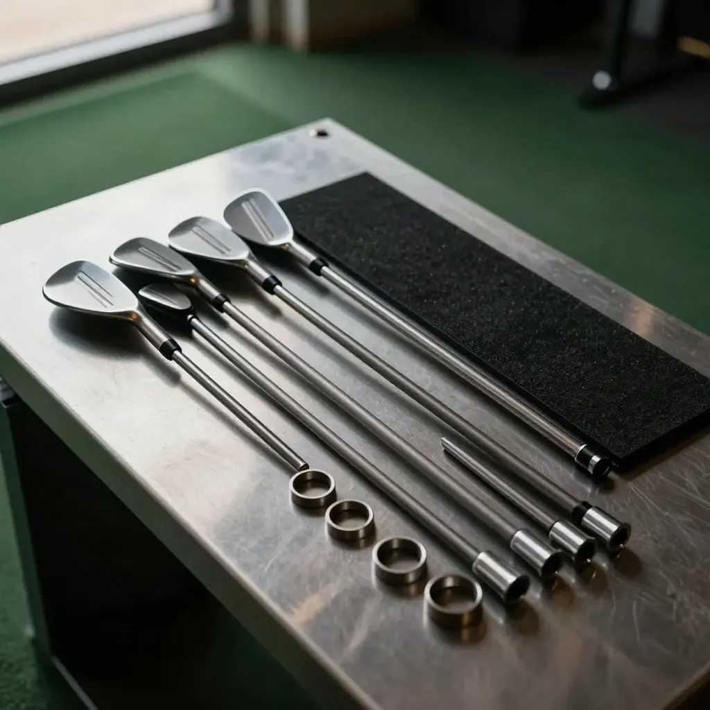 Top-down club fitting setup with iron heads, shafts, ferrules and lie board on brushed steel.