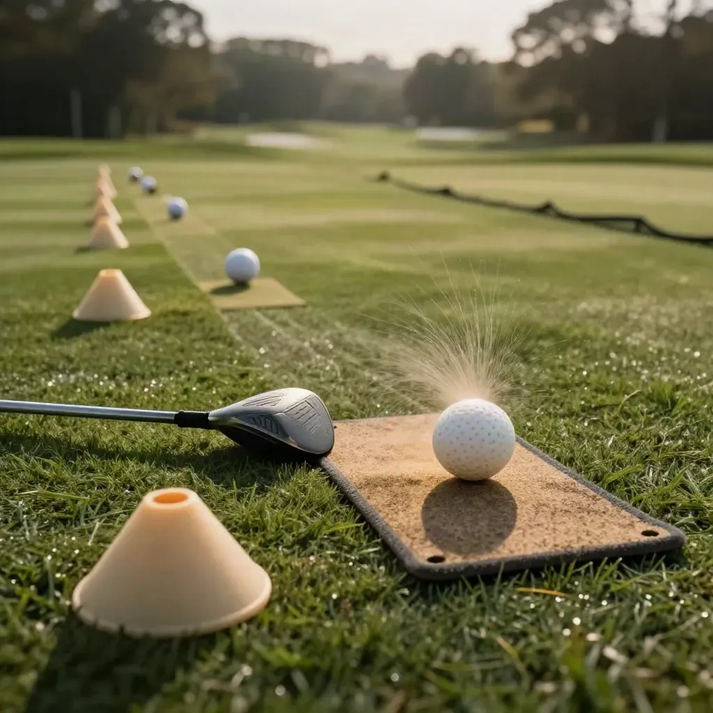 Junior training lane with foam balls, cones and a small driver on fairway-green turf.