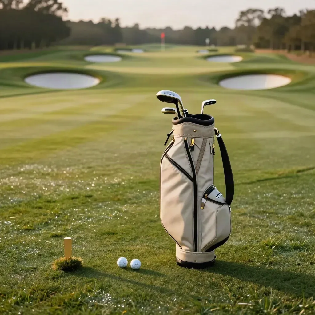 Golf bag and route-setting balls on a tee box, with bunker and green beyond.