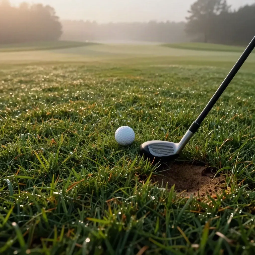 Golf ball in fairway turf beside a driver and divot line in morning mist.