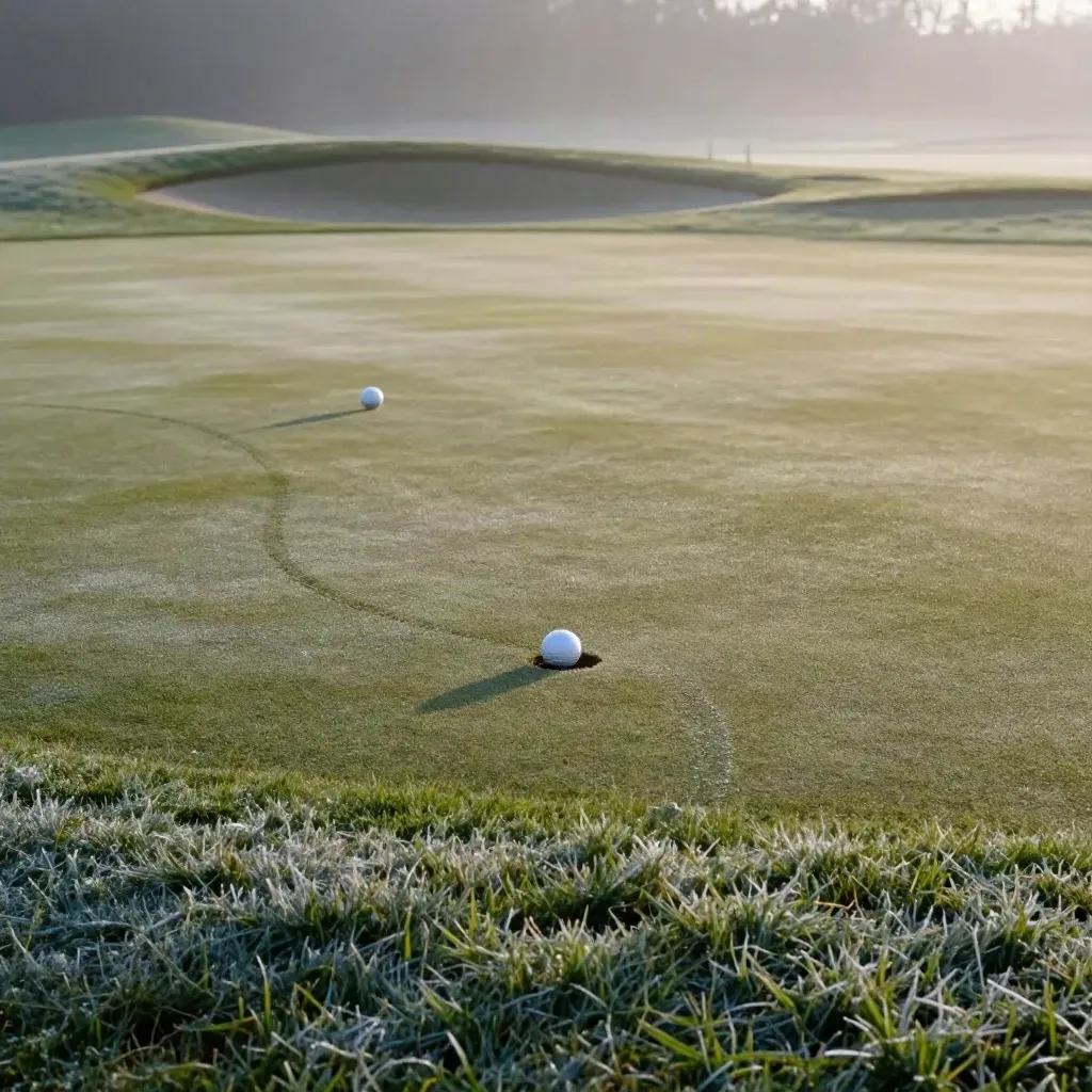 Holed putt and tap-in chip ball on a dew-lit green, seen from a slightly elevated angle.