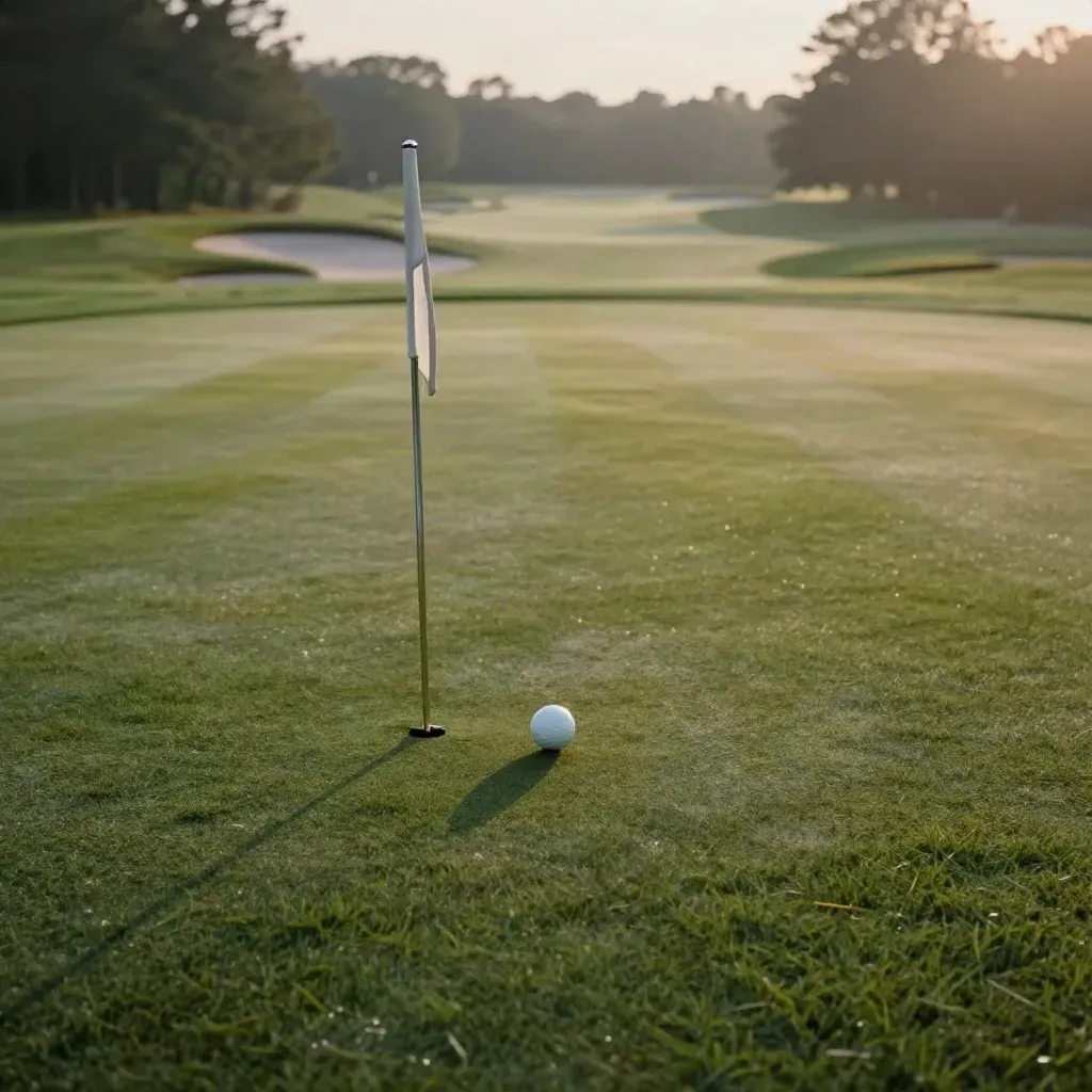 Ball holed on the eighteenth green with flagstick and calm fairway behind.