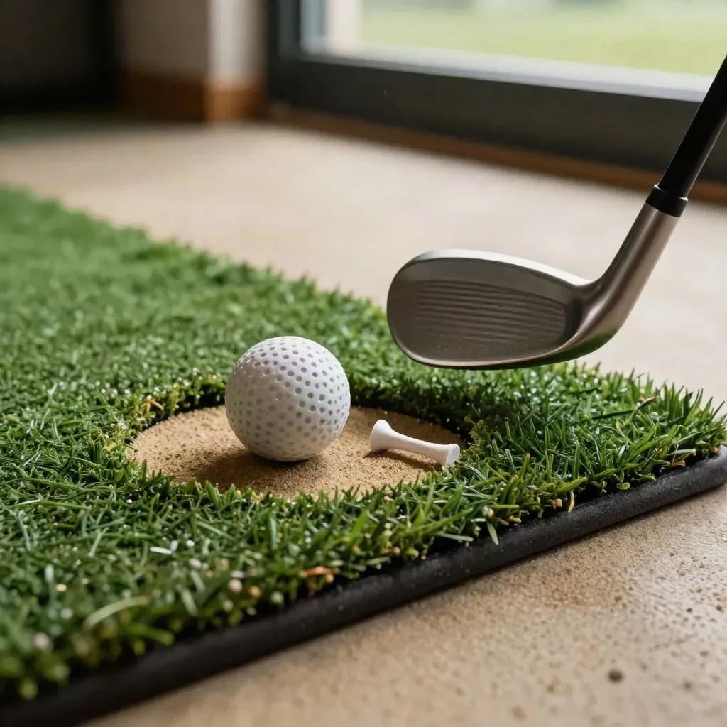Foam ball, small tee, iron head and fresh turf mark on a junior golf practice mat.