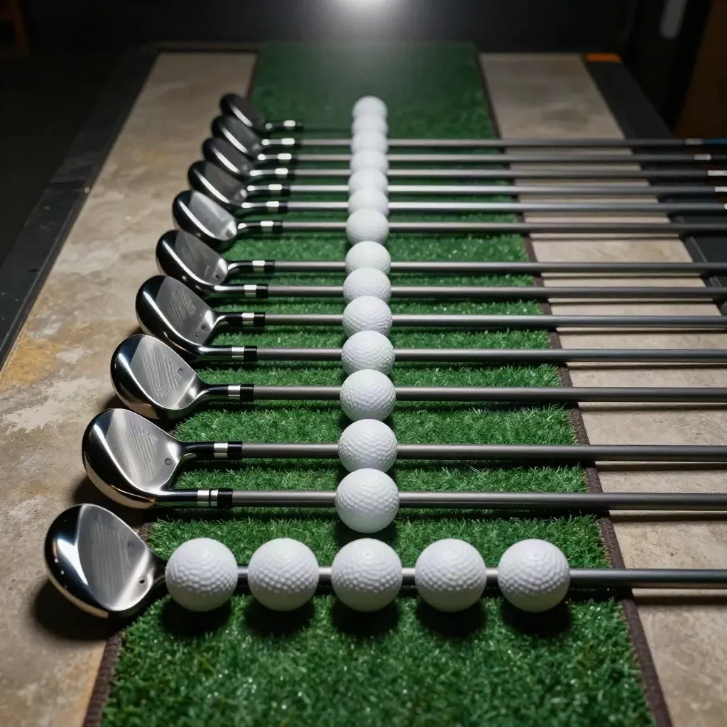 Top-down row of golf iron heads and aligned balls on a dark green turf strip.