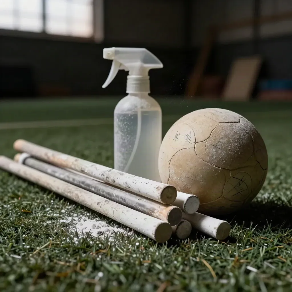 Worn alignment sticks, spray bottle and scuffed practice ball on dark turf mat