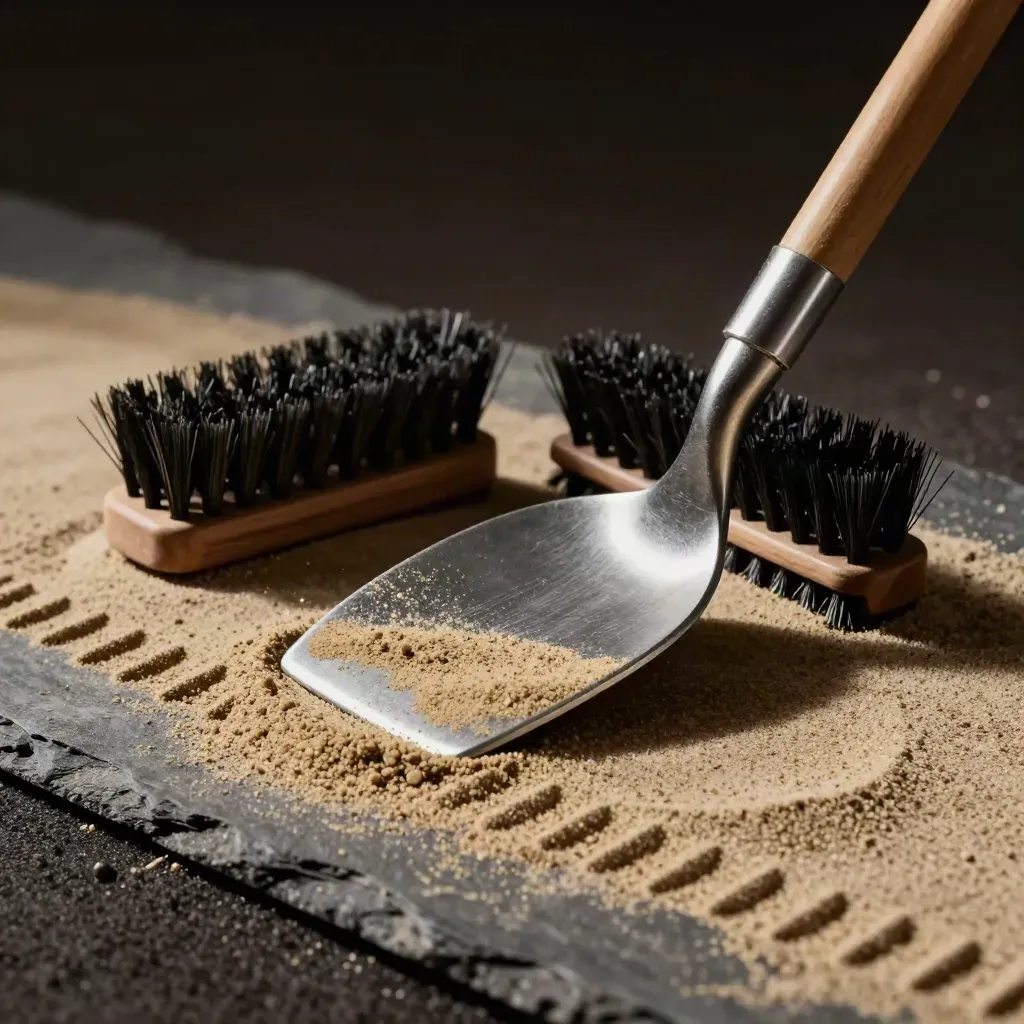 Sand wedge face, groove brush and bunker rake marks in dramatic close-up