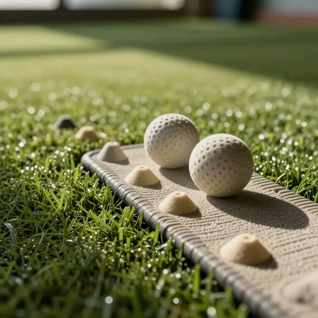Junior golf grip, foam practice balls and cone gates on bright turf in skimming light.