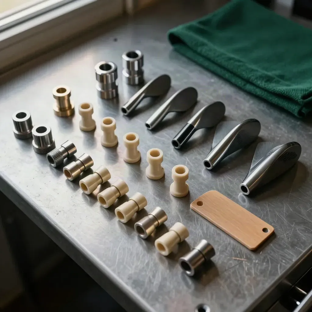 Top-down golf club fitting still life with shaft adapters, ferrules, club heads and lie board on brushed metal.