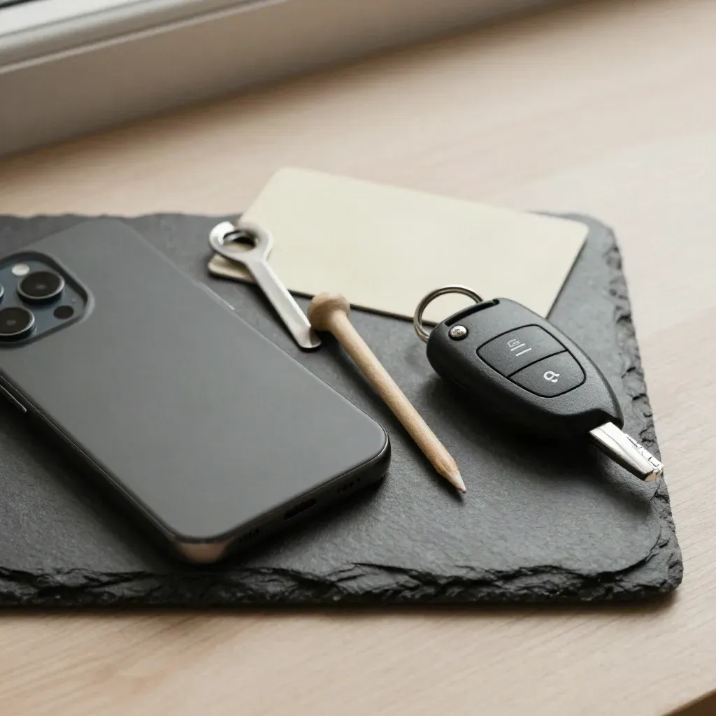 Overhead still life of golf booking items on a slate tray with a phone, marker, tee and key fob.