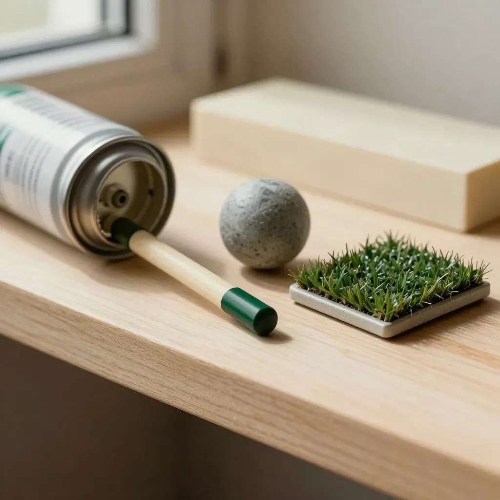 Alignment stick, impact spray tin, practice ball and divot board on a pale wood shelf