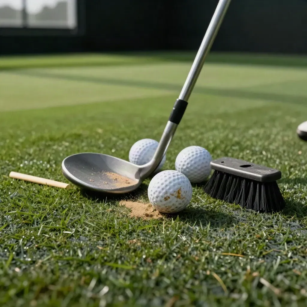 Golf wedge, four range balls, tee strip and brush on practice turf, one ball impact-marked.