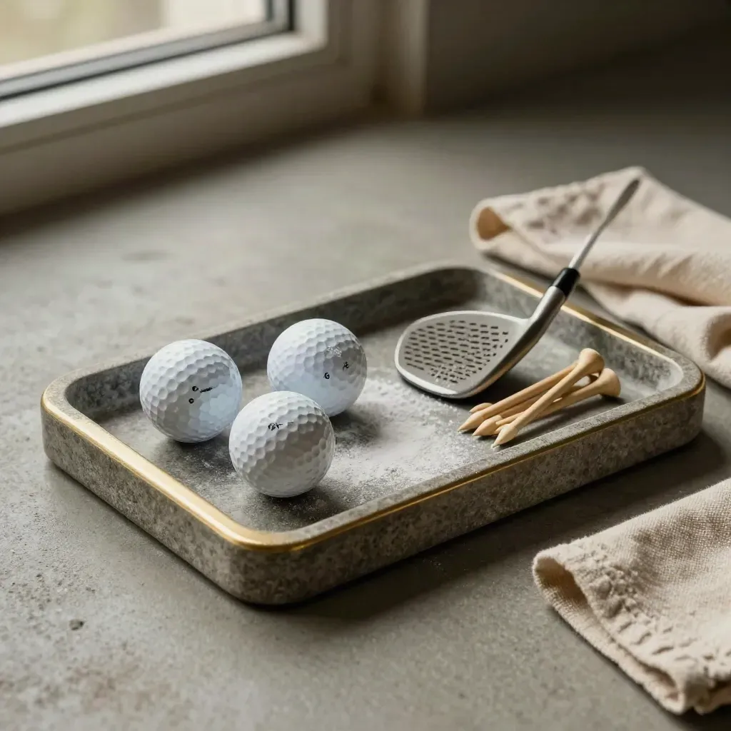 Three golf balls, chalked clubface, tees and mat on a stone tray