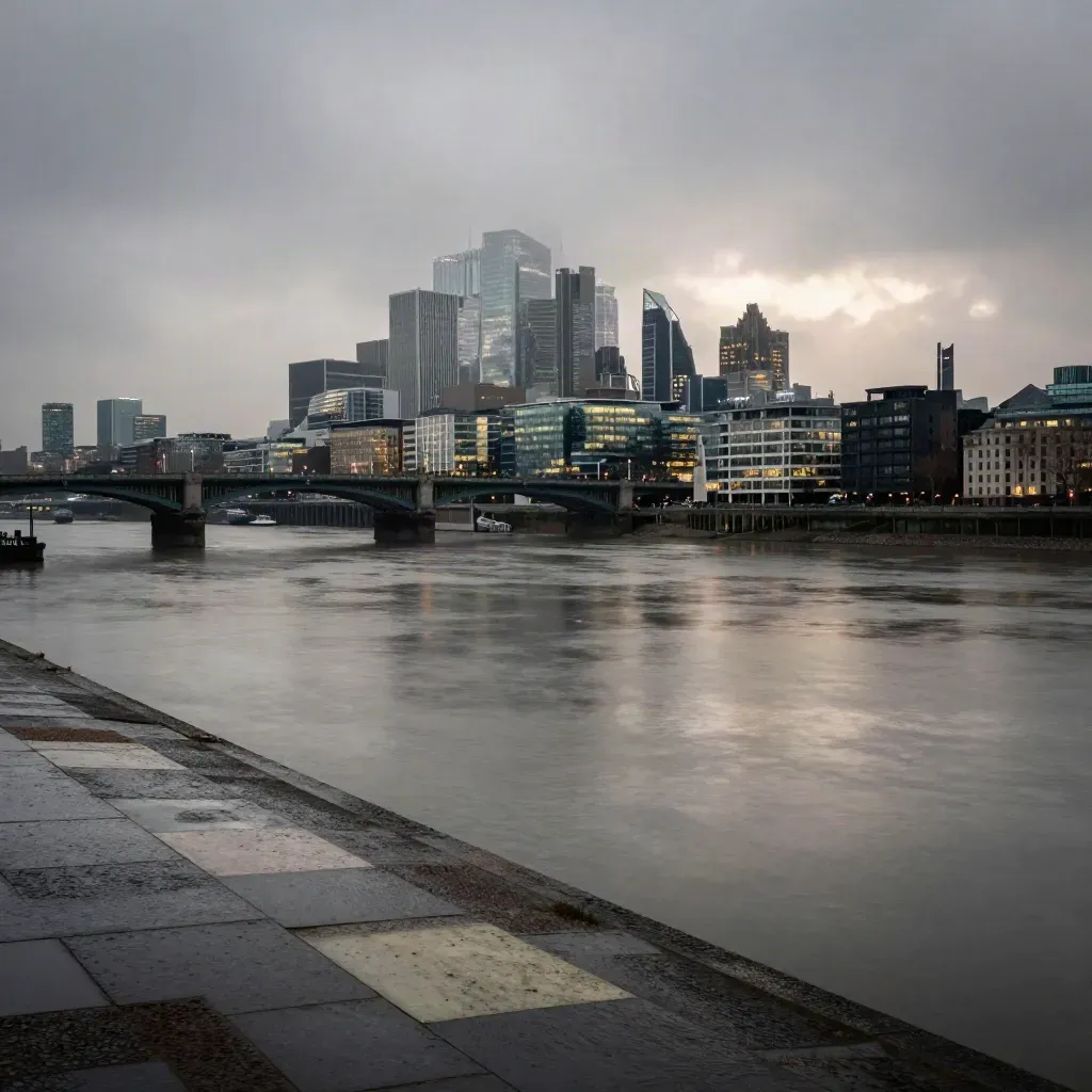 Blue-hour Thames skyline with bridge silhouette and hazy glass towers above a calm river.