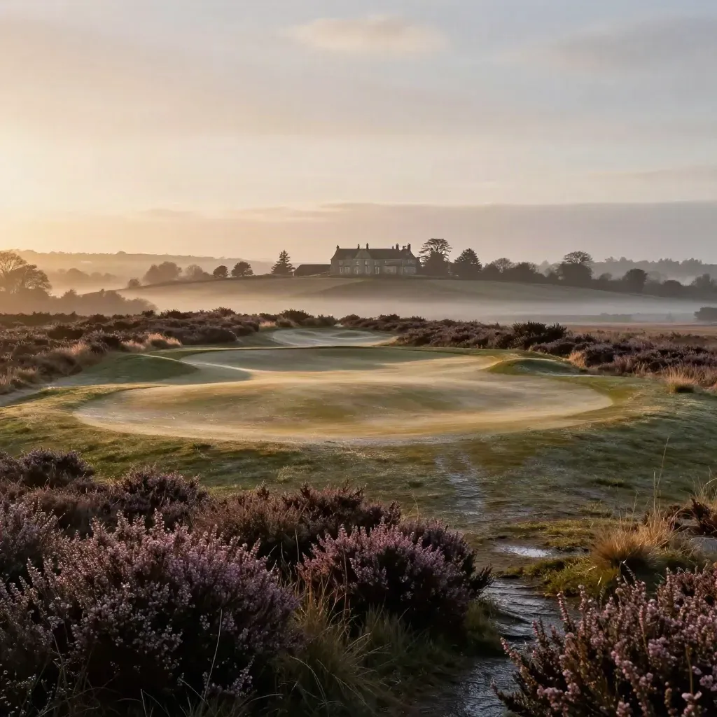 Golden-hour Surrey golf countryside with heather banks, manor roofline and misty chalk downs.