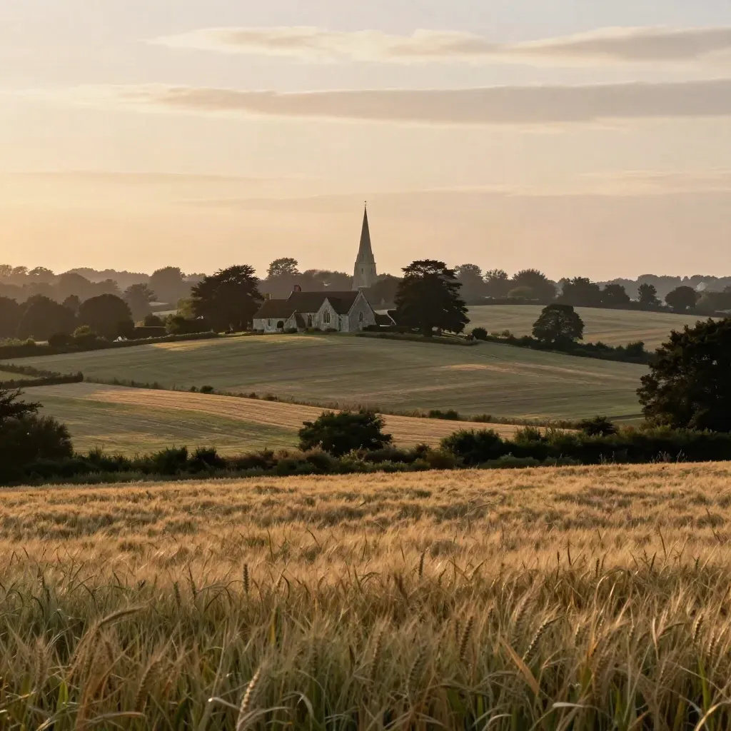 Flint church roofs above barley fields under a hazy Hertfordshire sky.
