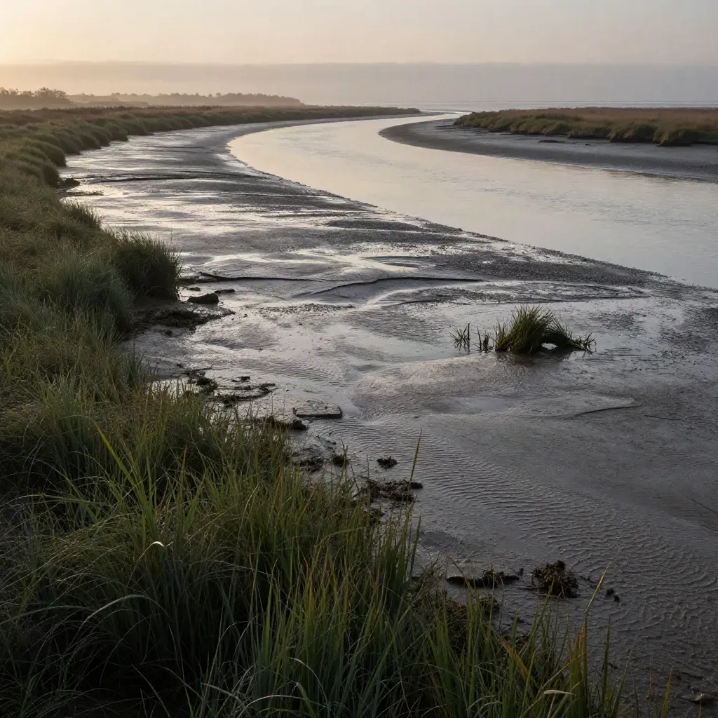 Salt marsh and tidal flats at dusk with mist and calm silver water, Essex coastal landscape.