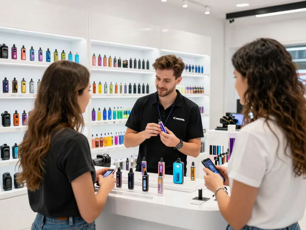 Customer learning how long does a vape last while exploring vape products in a modern shop.