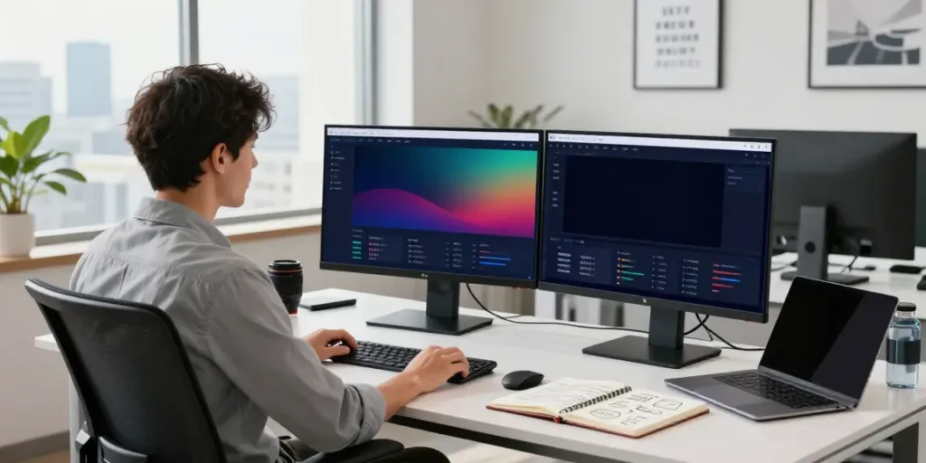 Marketer utilizing instant indexing tools in a modern workspace, analyzing website performance metrics.